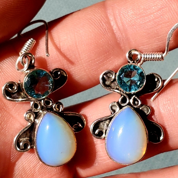 New Fiery Opalite and Blue Quartz Silver Earrings. - Picture 9 of 12